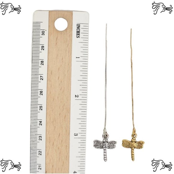 Threader Chain Earrings Dragonfly Charm on Silver or Gold - Picture 2 of 3